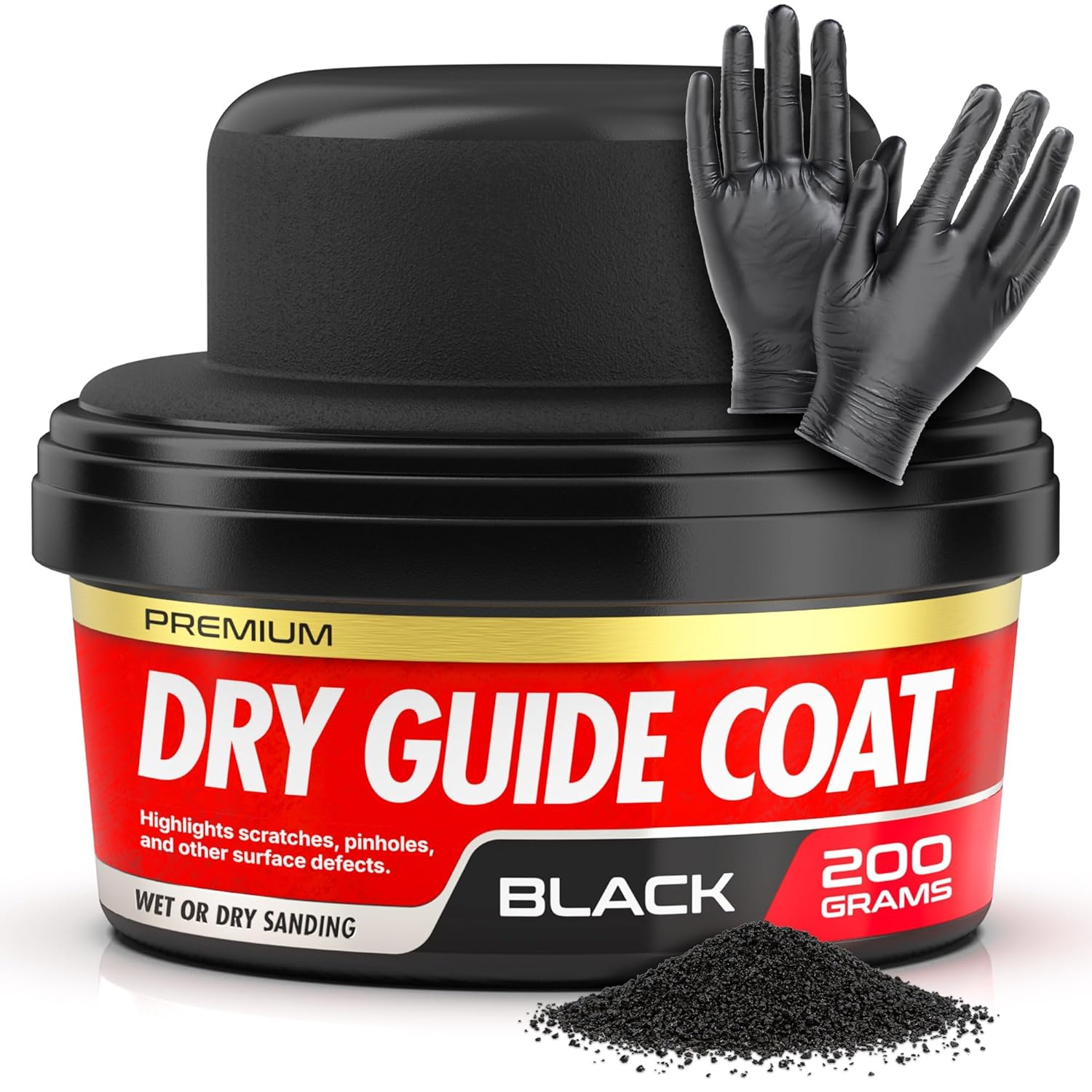 Black Dry Guide Coat Powder - Highlights Scratches, Pinholes, Low Spots & Other Defects, Extra Large Black Powder Coat for Wet & Dry Auto Body Sanding - Guide Coat Auto Body W/Nitrile Gloves 200G