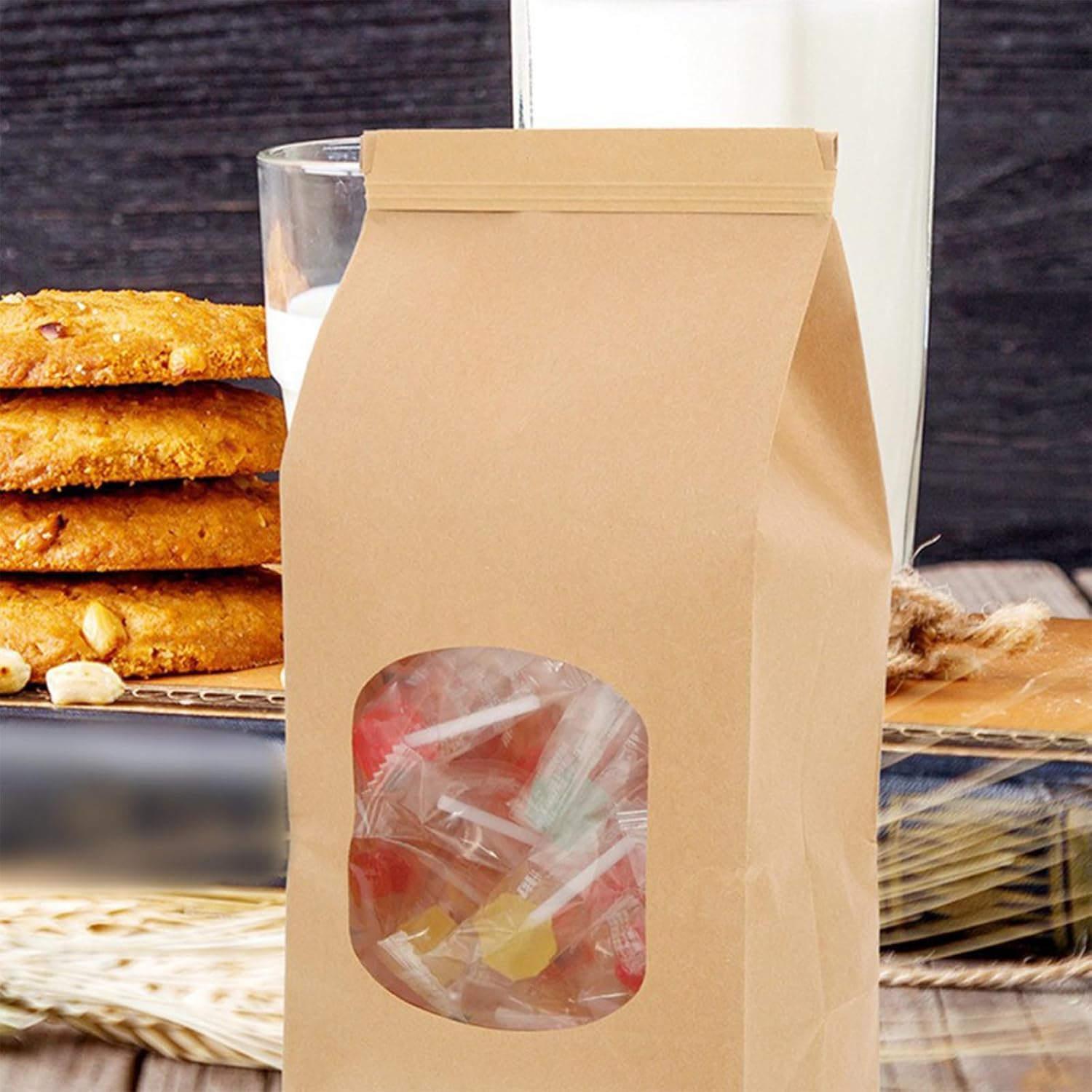 25 Pcs Kraft Paper Bakery Bags, 6.7X3.5X2.4In Food Storage Pouches with Transparent Window, Oil Proof, for Bread Loaf, Candies, Biscuits, Coffee Beans, Suitable for Parties Wedding image number 2