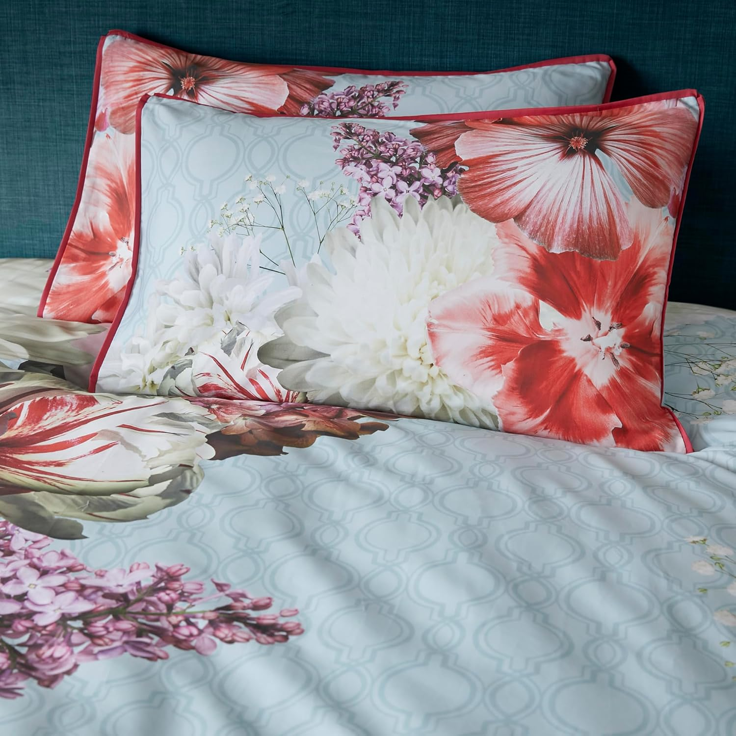 Laurence Llewelyn-Bowen - Blue Duvet Cover Sets - King Bedding Size (220 X 230Cm) - Red Floral Flower Print - Luxury Beddings Cover - 100% Cotton - Mayfair Lady Collection image number 1