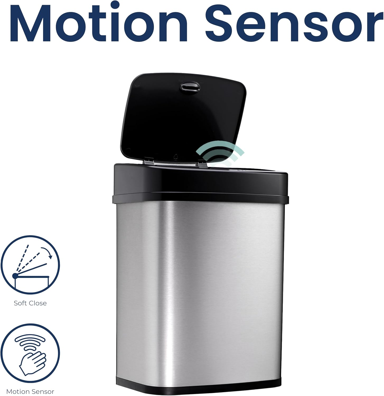 Ninestars DZT-12-5 Bedroom or Bathroom Automatic Touchless Infrared Motion Sensor Trash Can, 3 Gal 12L, Stainless Steel Base (Rectangular, Black Lid) image number 1