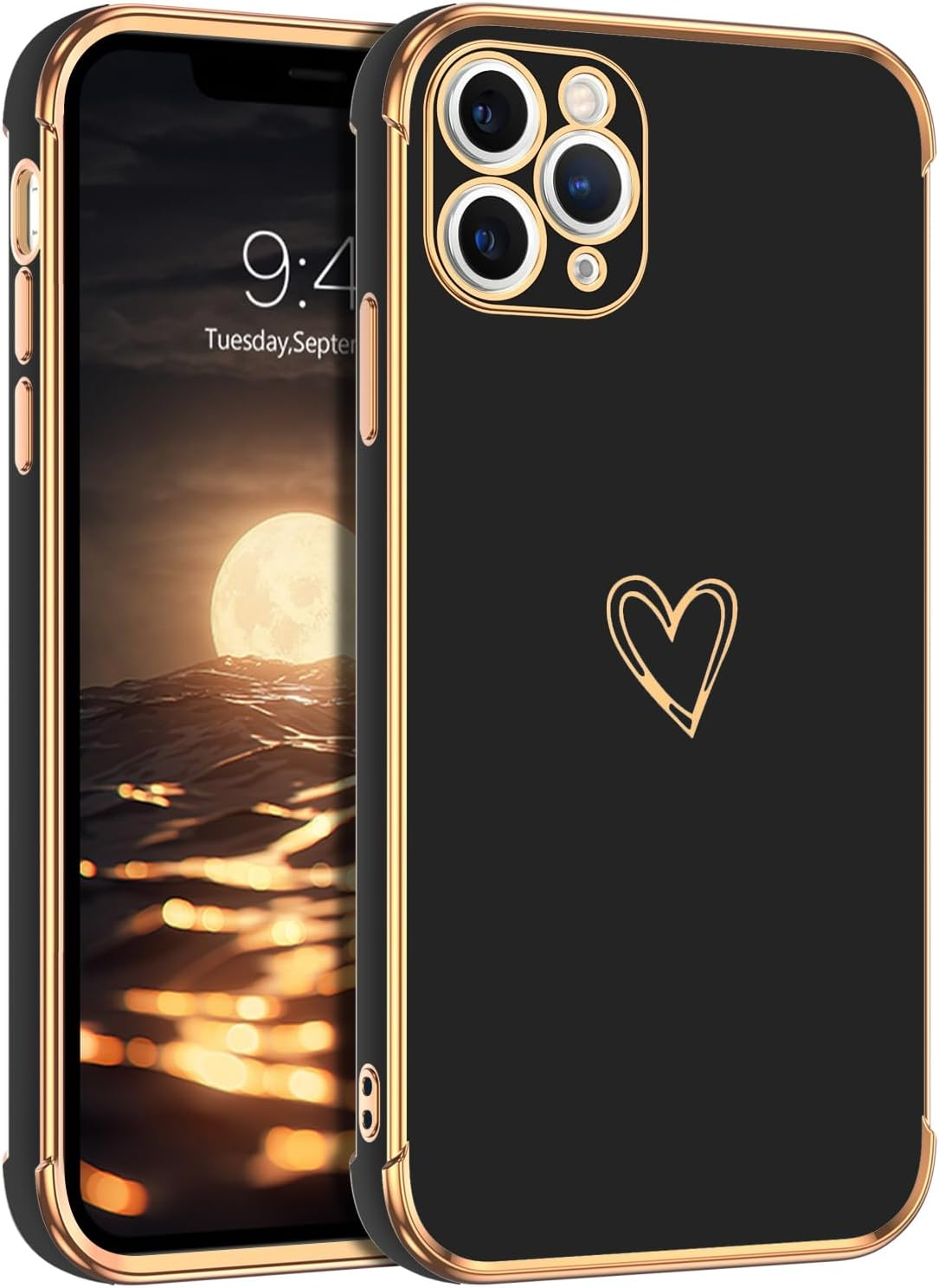 GUAGUA for Iphone 15 Pro Max Case, Luxury Bumper Case Iphone 15 Pro Max Case Cute Heart Pattern Cover for Women Camera Protection & 4 Corners Shockproof Protection Phone Cover Black