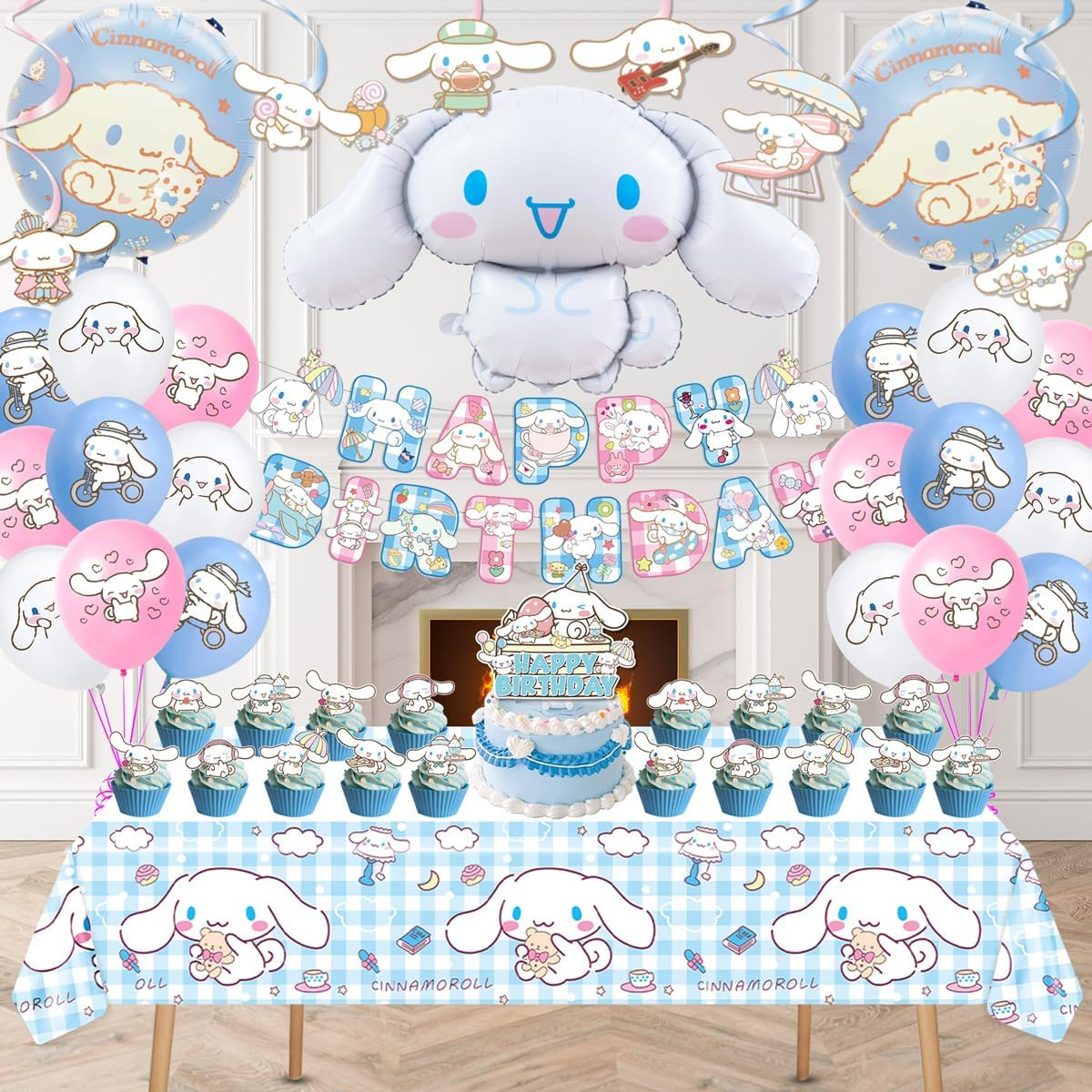 Cinnamoroll Birthday Decorations, 101PCS Party Supplies Set Include Banner, Balloons, Stickers, Hanging Swirls, Cake Cupcake Toppers, Tablecloth for Kids Cinnamoroll Theme Party image number 2