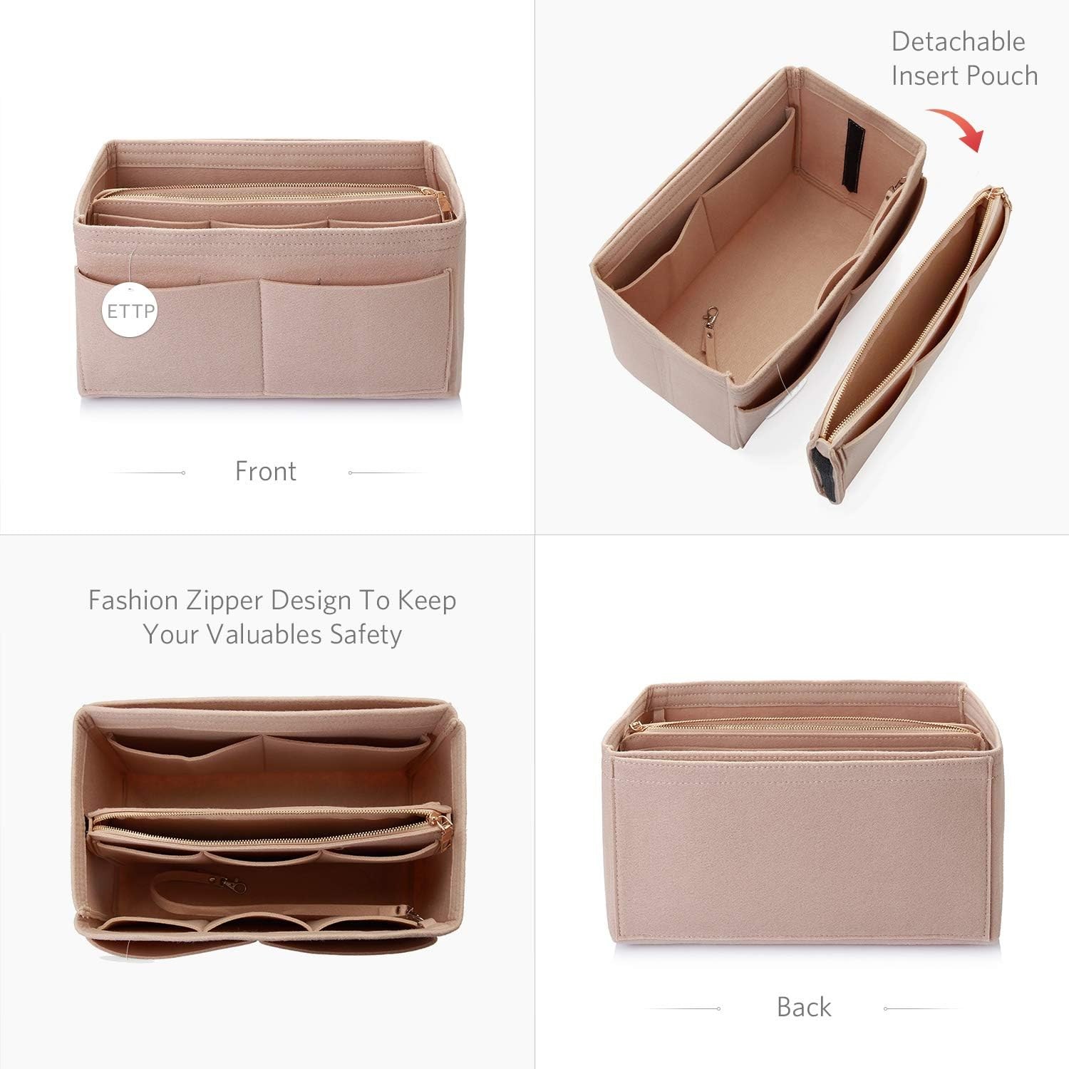 Purse Organizer Insert, Felt Tote Organizer Insert with Metal Zipper, Handbag Organizer for Speedy, Neverfull, Tote, Handbag, 7 Colors 5 Sizes, Beige, X-Large image number 3