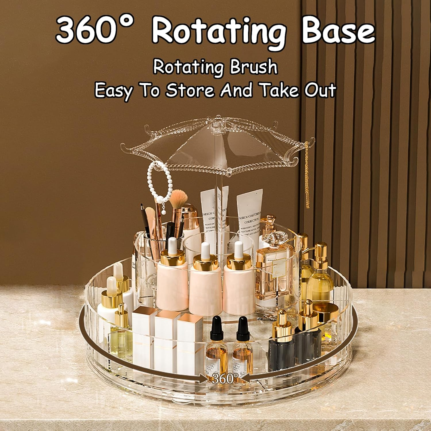 Taoluwin 360&deg; Rotating Makeup Organiser, 10-Compartment Makeup Storage Drawer Case with Detachable Base, Transparent Cosmetic Storage Case & Brush Holder for Bathroom Vanity