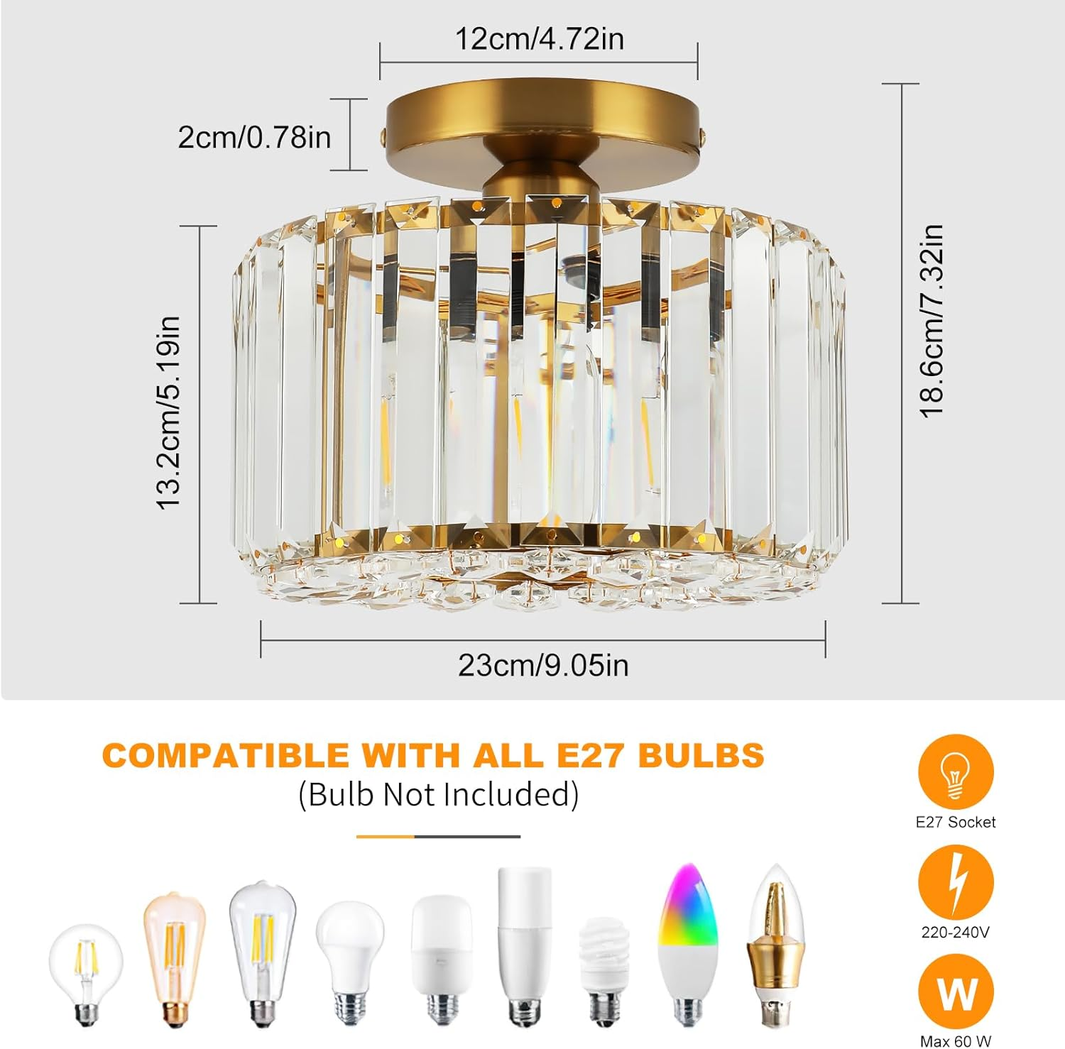 FORCOSO Crystal Ceiling Light Diameter 23 Cm, Chandelier Gold with Metal Frame Lampshade, Base E27 Ceiling Light, Modern Lamp for Bedroom, Living Room, Hallway, Kitchen, Dining Room image number 5