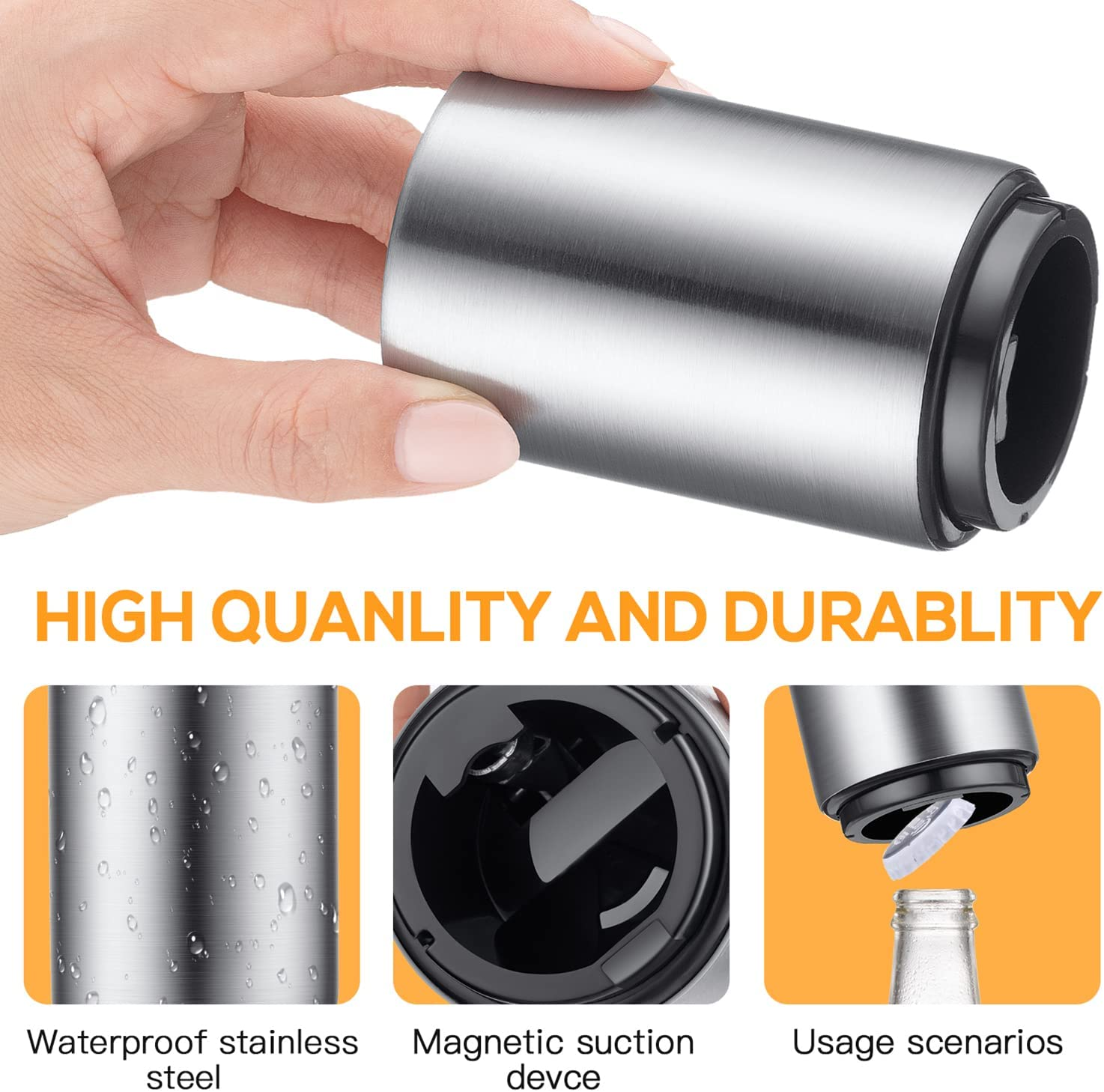 2PCS Premium Beer Bottle Opener, Automatic Stainless Steel Quick Pop the Top Can Openers by Magnet Catching No Damage Caps, Wine Accessory Push down off Magnetic Bartender Tool for Home Picnic Camping - 3 Pcs image number 7