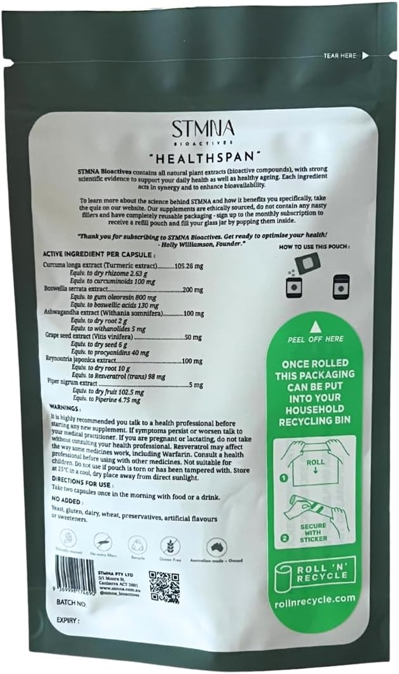 Healthspan Supplement for Longevity (Refill Pouch) - Turmeric, Resveratrol, Ashwagandha | Natural Anti-Inflammatory, Antioxidant & Adaptogen | Cellular & Skin Health - STMNA Bioactives image number 3