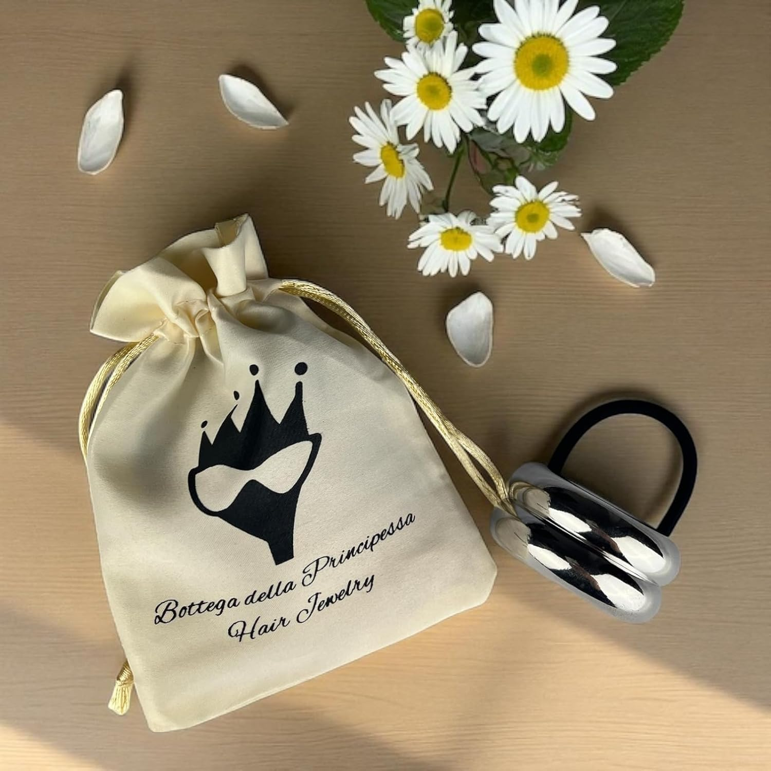 Bottega Della Principessa - Hair Accessories Silver - Elastic Hair Accessories for Women with Metal Plate - Elegant and Versatile, with Satin Bag image number 2