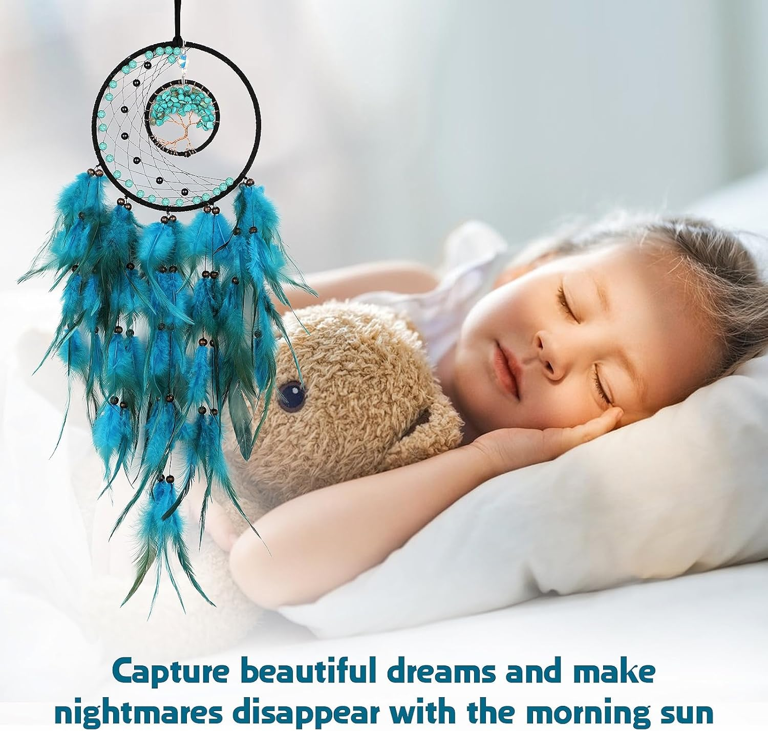 Blue Feather Tree of Life Dream Catcher Wall Hanging Ornament for Home Bedroom Decor Crystal Stone Dream Catcher for Wall Hanging Decor Handmade Crafts Festival Gift image number 3