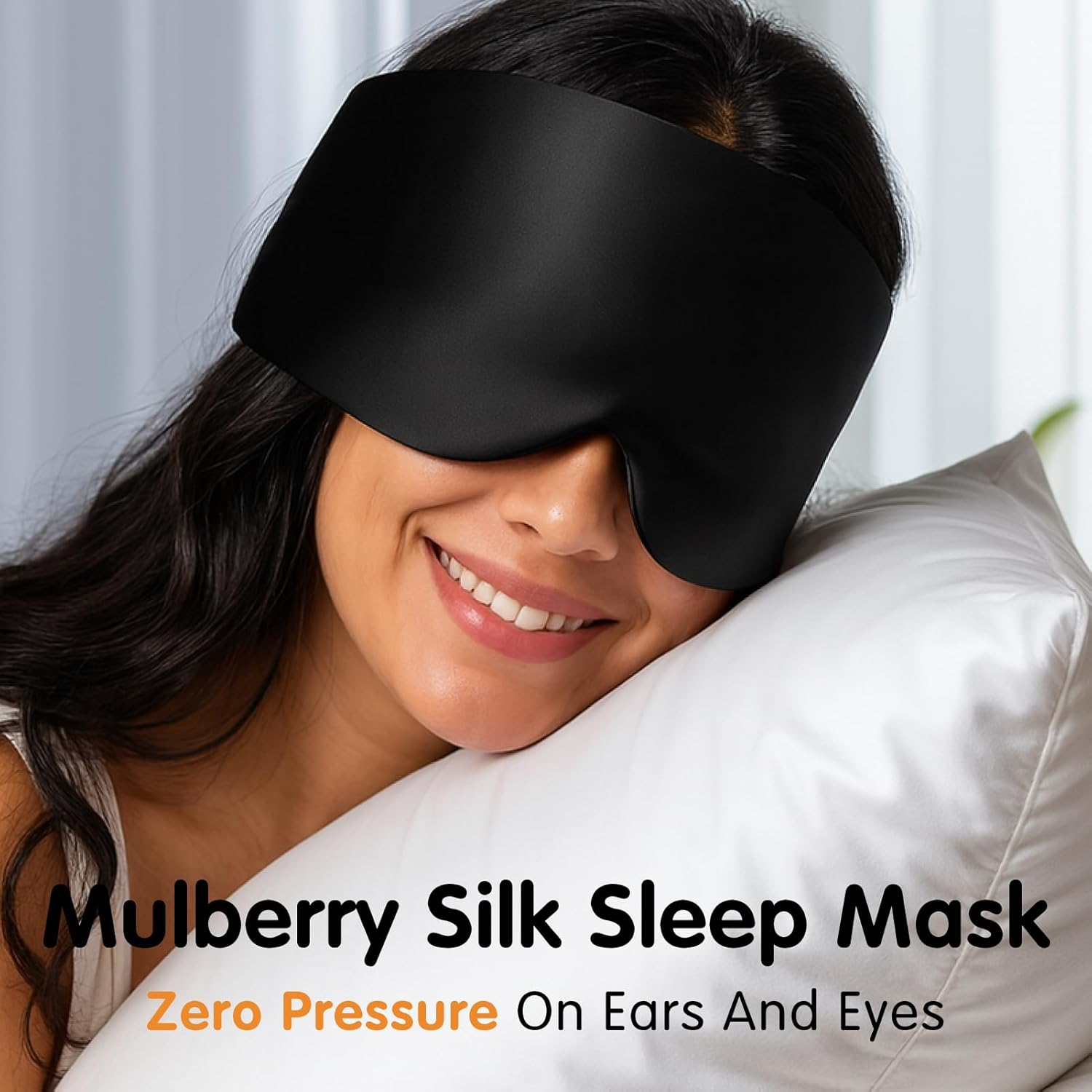 Mulberry Silk Sleep Mask Black Adjustable Hook and Loop Headband, Full Size Large Eye Mask for Total Blackout Men Women, Ideal for All Night Sleep, Travel, Naps Prevents Light Leakage, Comfortable for Side Sleepers image number 3