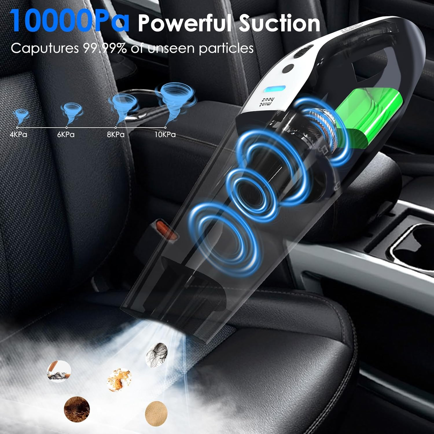Minthouz Cordless Handheld Vacuum Cleaner - 10000Pa Strong Suction with 120W Motor, Portable Hand Vacuum with 20-30 Mins Runtime, LED Light for Car, Home & Office Cleaning image number 3