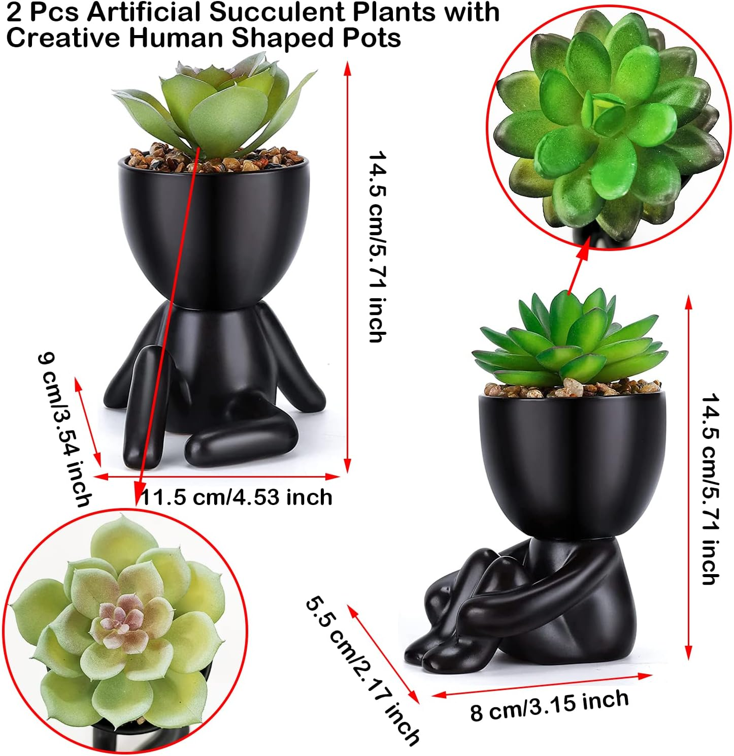 Paifeancodill Fake Plants Pot with Succulent Plants, 2 Pcs Fake Succulent with Black Human Shaped Ceramic Pots, Ceramic Flower Pot Planter (Black A) image number 5