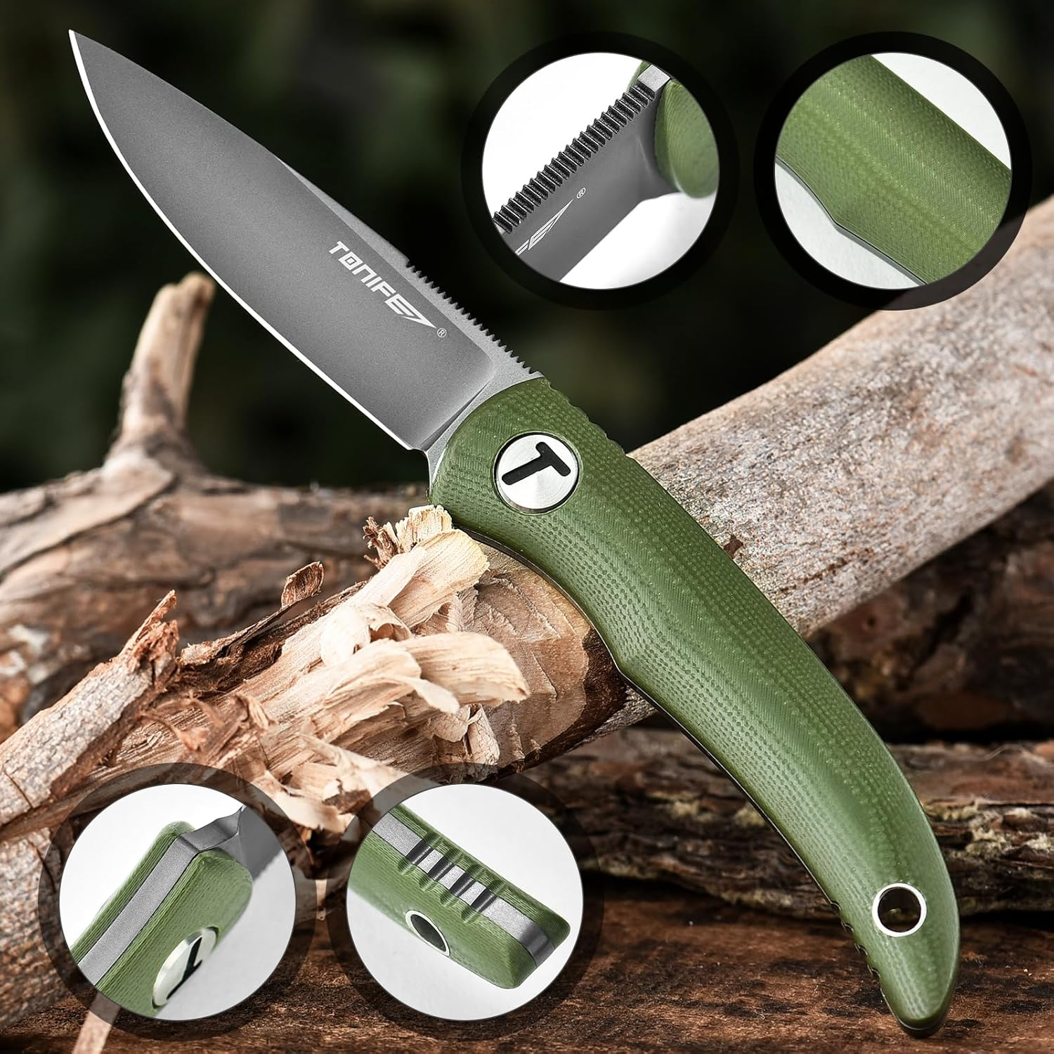 TONIFE Nova Fixed Blade Knife with Adjustable Kydex Sheath EDC Knife with 6.81Cm Full Tang Blade Paracord Lanyard for Outdoor Camping Hiking (Army Green) - Army Green image number 4