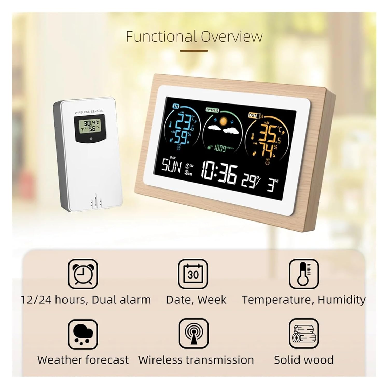 Digital VA Color Wood Weather Station Home Temperature Humidity Air Pressure Monitor Wall Alarm Clocks Wireless Forecast Sensor image number 5