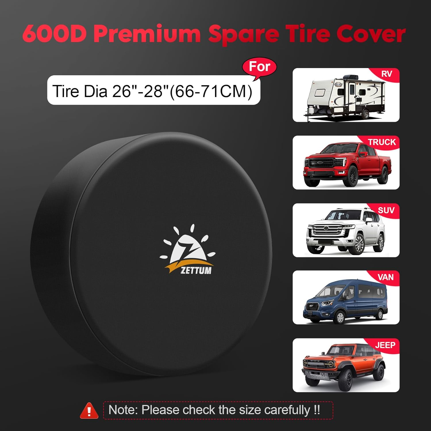 Zettum Spare Tire Cover - Tough Tire Wheel Protector for Car, SUV, Truck, Travel Trailer, Motorhome, Camper, Heavy Duty Waterproof Sun Rain Snow Protector Cover, Fits Tire Diameters 26-28 Inch image number 5
