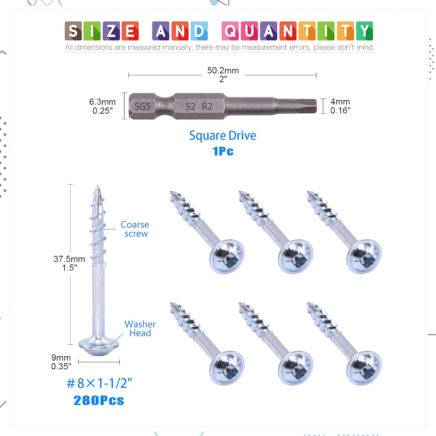 Glarks 280Pcs #8X1-1/2'' Pocket Hole Screws Zinc Coated Square Drive Self Tapping Coarse Thread Wood Screws for Wood and Sheet Metal (#8X1-1/2'' Coarse Thread) image number 4