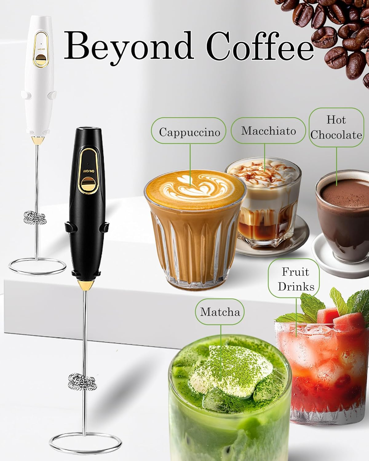 Handheld Milk Frother Rechargeable Electric Drink Mixer Powerful Quiet Operation 3 Speed Settings USB Fast Charging Mini Size (Black with Stand) image number 4