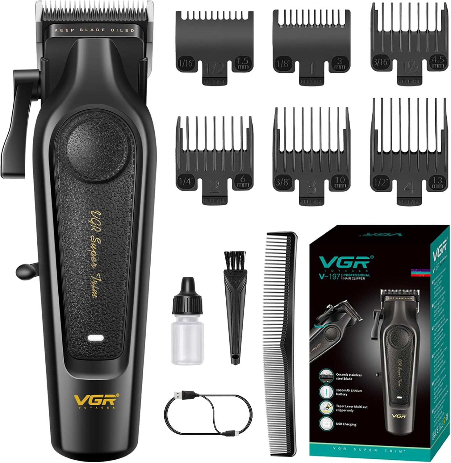 VGR 197 Professional Hair Clippers for Men, Cordless & Corded Barber Clippers with Ceramic Stainless Steel Blades, LED Indicator, Hair Cutting Kit with 6 Guide Combs & Grooming Accessories image number 4