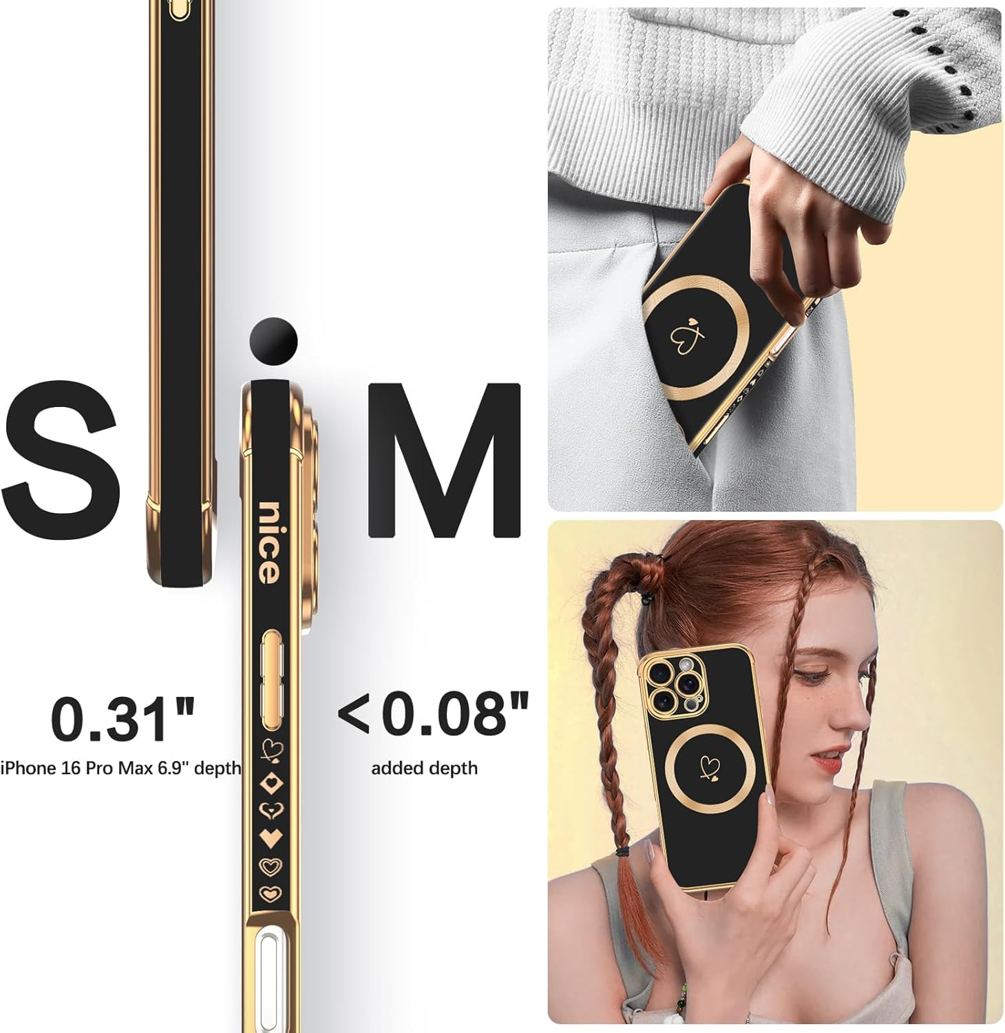 GUAGUA Magnetic Case for Iphone 16 Pro,[Compatiable with Magsafe] Soft TPU Gold Plating Cover Women Girl Drop Protection & 4 Corners Shockproof Stylish Phone Cover, Black image number 1