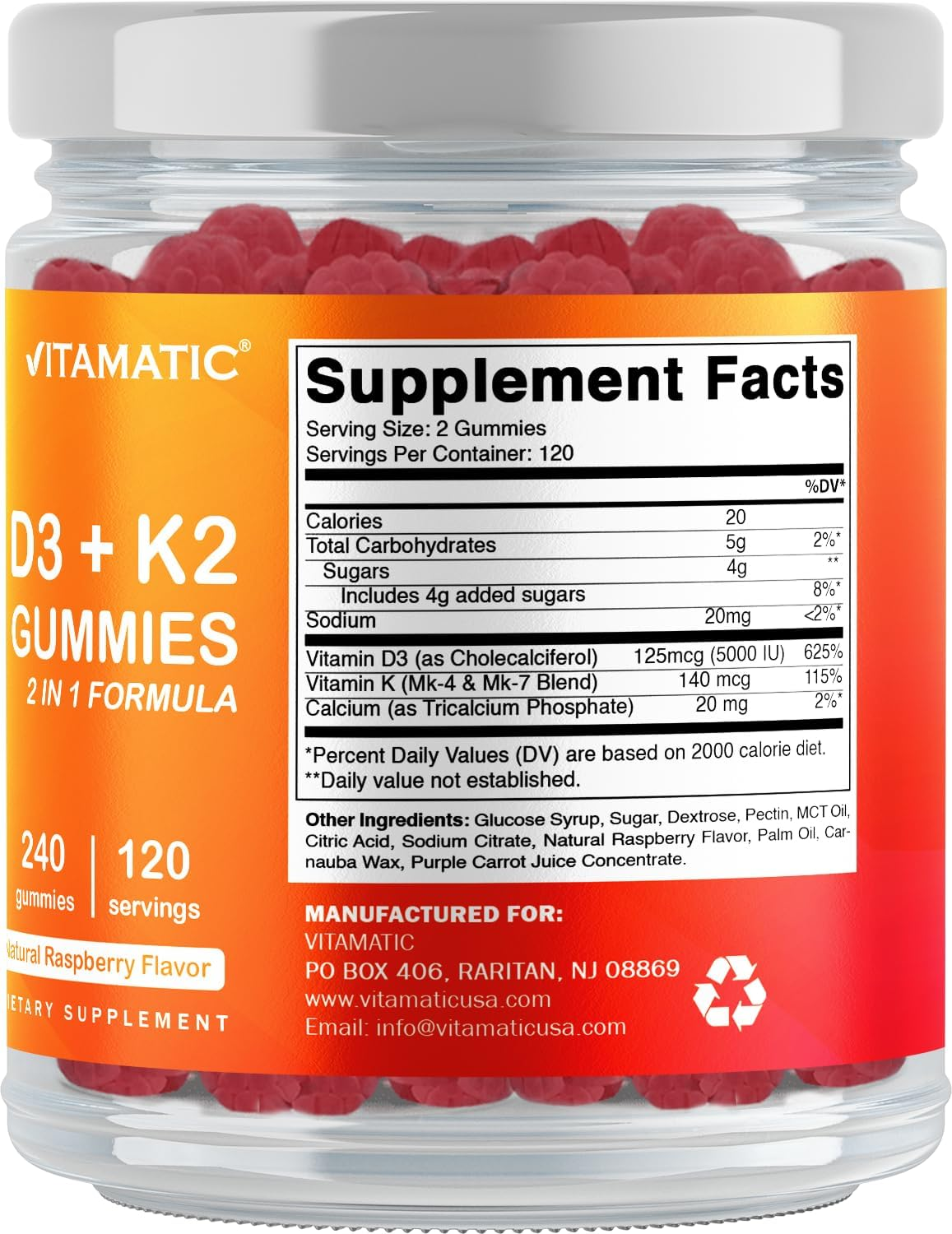Vitamatic Vitamin D3 K2 with Calcium Gummies - 240 Count - Non-Gmo, Gluten Free image number 3