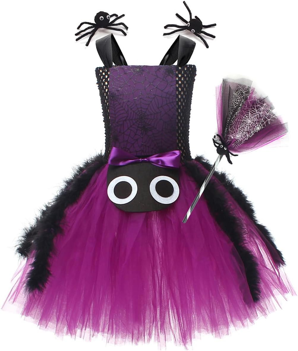 IBAKOM Witch Costume Girls Halloween Costume Children 2-Piece Cosplay Outfit Dress X 1 + Witch Broom X 1 Tulle Dress Wizard Costume Fancy Dress Costume for Carnival Cosplay Party Festival Purple 6-7