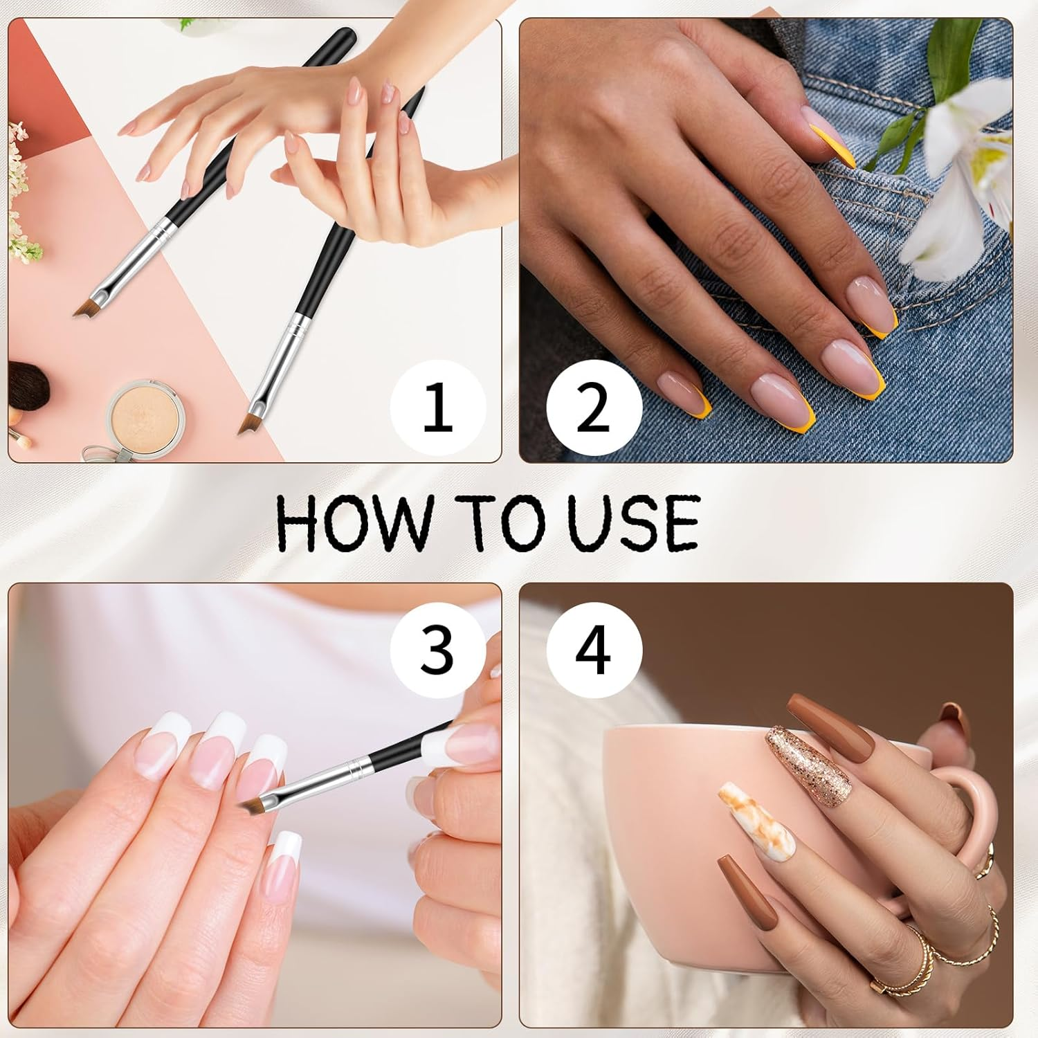 2 Pcs Oblique Head French Tip Nail Brush, Professional French Manicure Brush, Black Handle UV Gel Acrylic Painting Drawing Pen, Manicure Tool(Black) image number 4