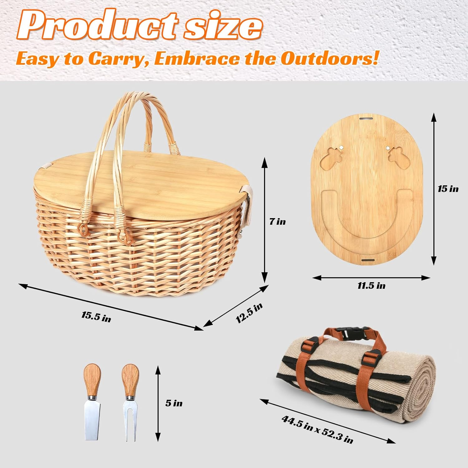 Hap Tim Dual Wicker Picnic Basket Set with Blanket for 2 - Unique Gifts Ideas for Couple, Engagement, Wedding, Bridal Shower, Family, Christmas - White Elephant Gifts for Adults（Au2408A-2） image number 4