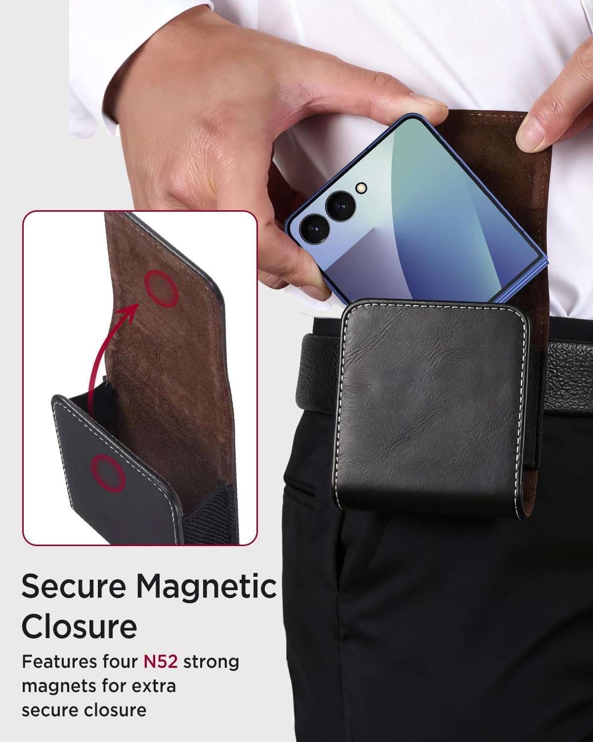 Miimall for Samsung Galaxy Z Flip 7/6/5/4/3 Phone Pouch Holster Belt Case, Leather Pouch with Metal Clip Phone Holster Case for Galaxy Z Flip 7 6 5 4 3, Motorola Razr 2025, Moto Razr 2024 image number 6
