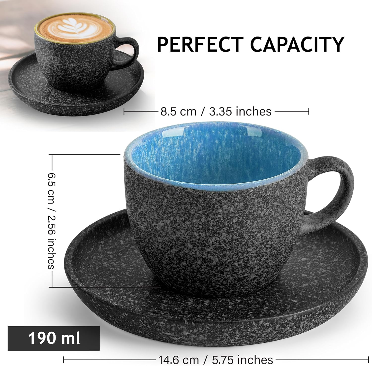 MIAMIO &ndash; 190 Ml Ceramic Stackable Cappuccino Cup with Saucers and Metal Stand &ndash; Set of 6 Stoneware Cappuccino Mug Set for Specialty Coffee Drinks, Americano, Latte &ndash; Las Palmitas Collection image number 3