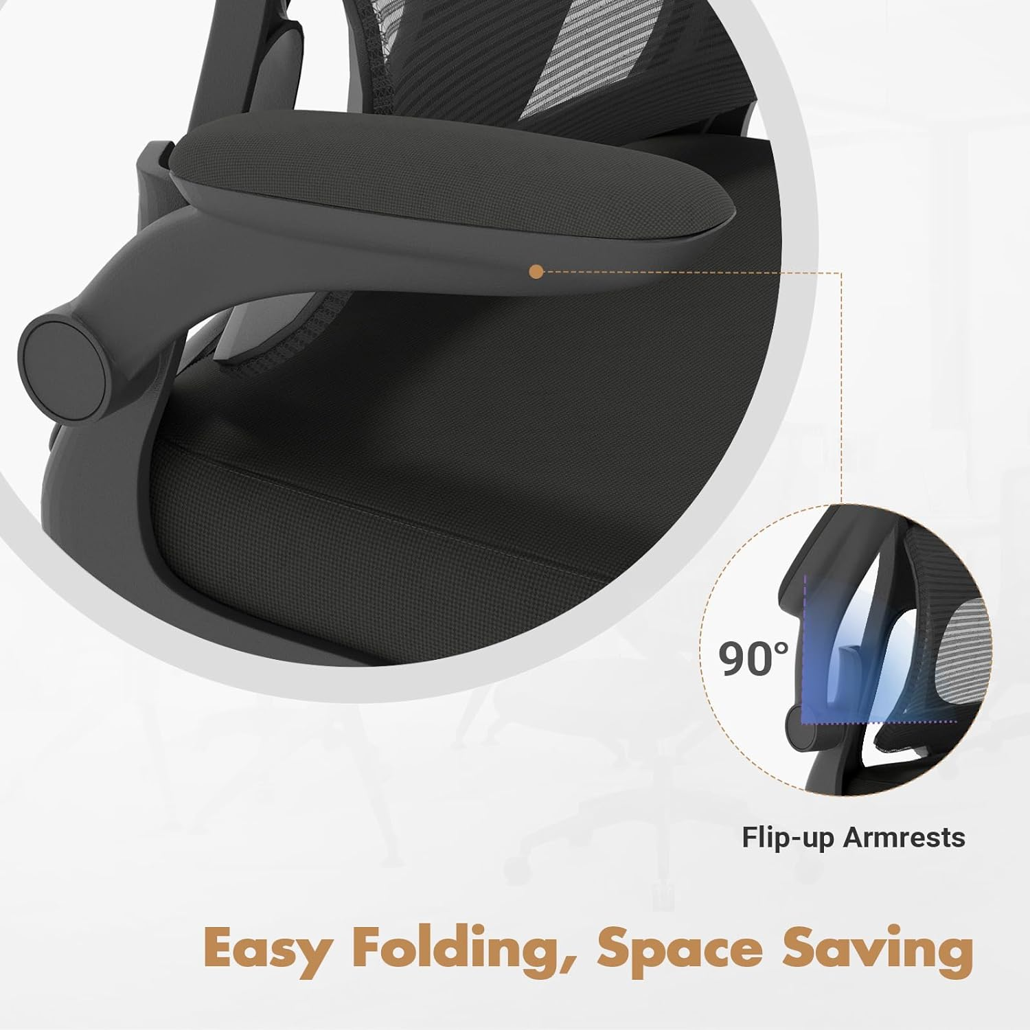 Advwin Ergonomic Office Chair - Mesh Office Chair with Flip-Up Armrests, High Back Desk Chair Swivel Computer Chair, Height Adjustable & Rocking Study Chair Task Chair for Home Office Black - Black 2 image number 6