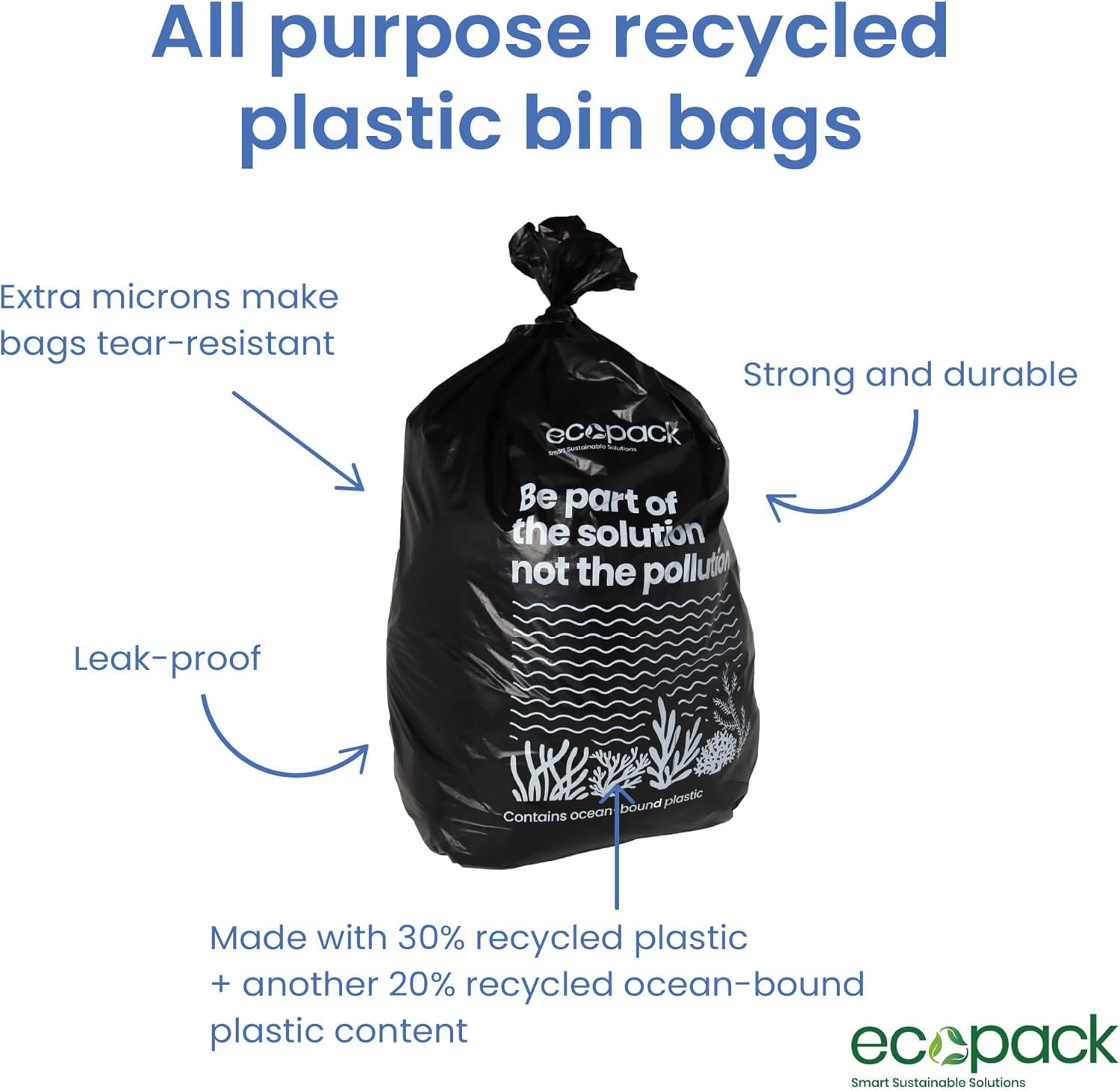 Ecopack Recycled 82L Bin Liners |250 Bags |Strong,Leak Proof Recycled Plastic Garbage Bags | All Purpose Rubbish Bags for Commercial Bins, Household & Cleaning |10 X Rolls of 25 Bin Bags image number 2
