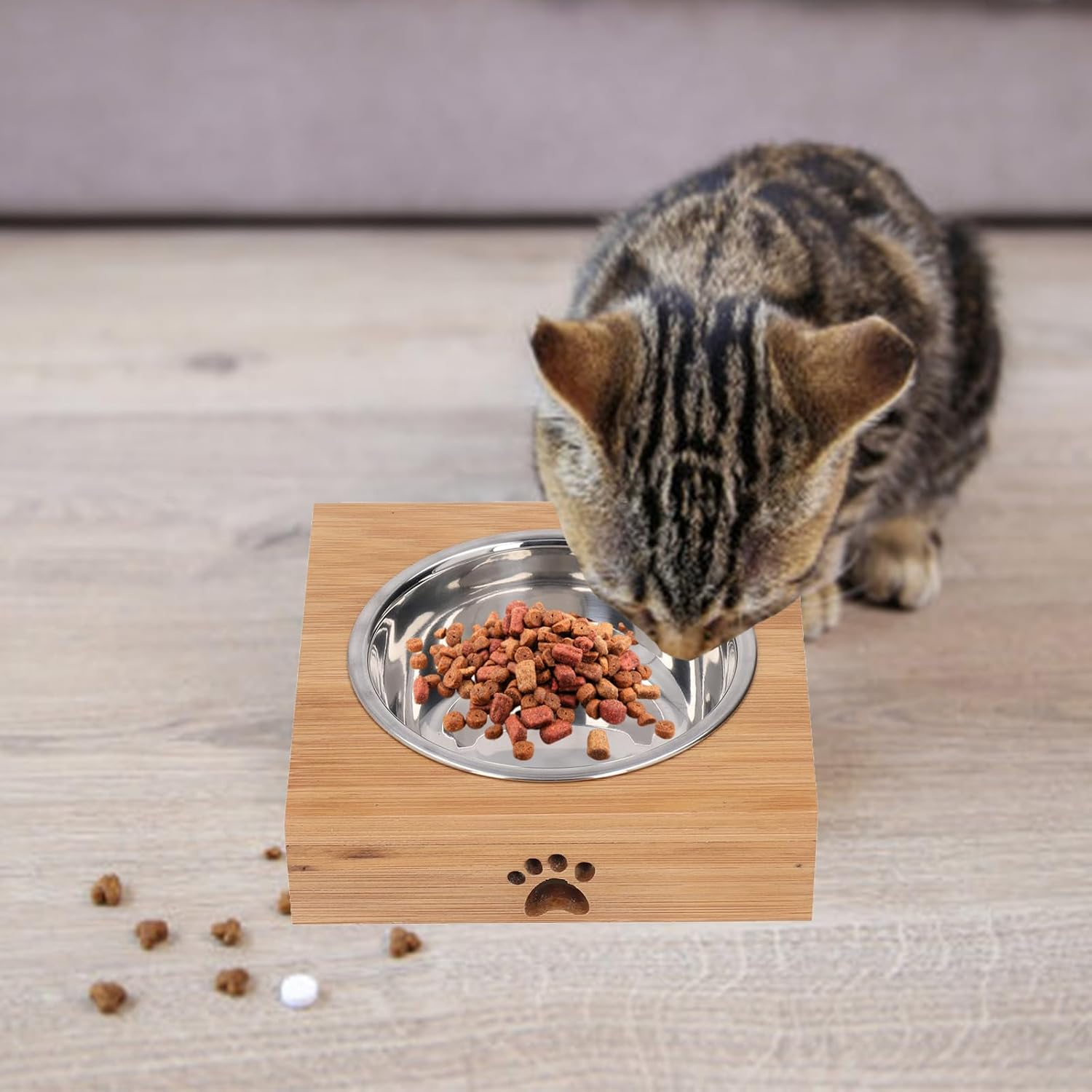 Esenlong Pet Feeding Bowl, Elevated Cat Feeding Bowl, Non-Slip Stainless Steel Feeding Bowl with Bamboo Wood Stand for Cats and Dogs (Single Bowl) image number 6