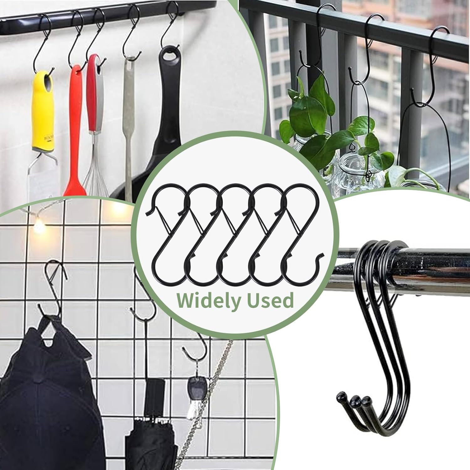 Mythosurge 10 Pack S Shaped Hooks,3.5 Inch Stainless Steel Heavy Duty S Hooks with Safety Buckle for Kitchen Utensil,Pans,Closet Rod,Bags,Purse,Clothes,Hooks for Hanging Pots (Black) image number 2