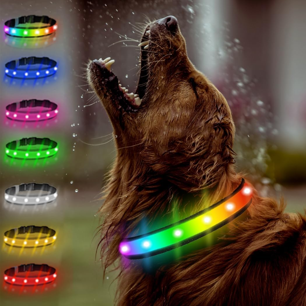TRIPOLACO Light up Dog Collars, Waterproof Rechargeable Led Dog Collar, Glow in the Dark Dog Collars for Night Walking, Multicolor Lighted Dog Collars for Small Medium Large Dogs - Black, L