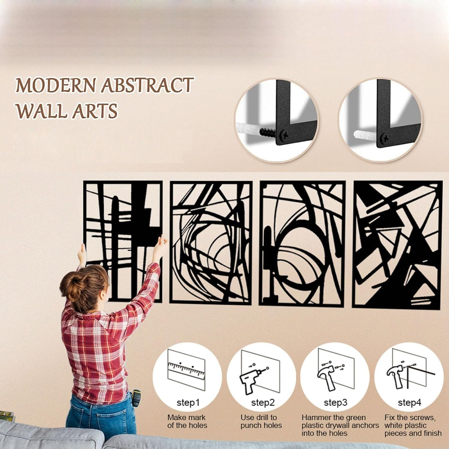 Forubar 4 Pack Black Abstract Metal Wall Art, 3D Textured Metal Wall Sculptures, for Living Room Bedroom Bathroom Study Room