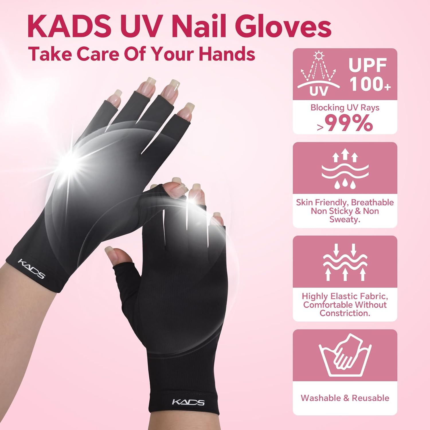 KADS Nail Art UV Resistant Gloves Black/Pink/Purple 3 Colors to Choose UPF100+ UV Resistant Gloves Nail Art Half Finger Gloves (Black)