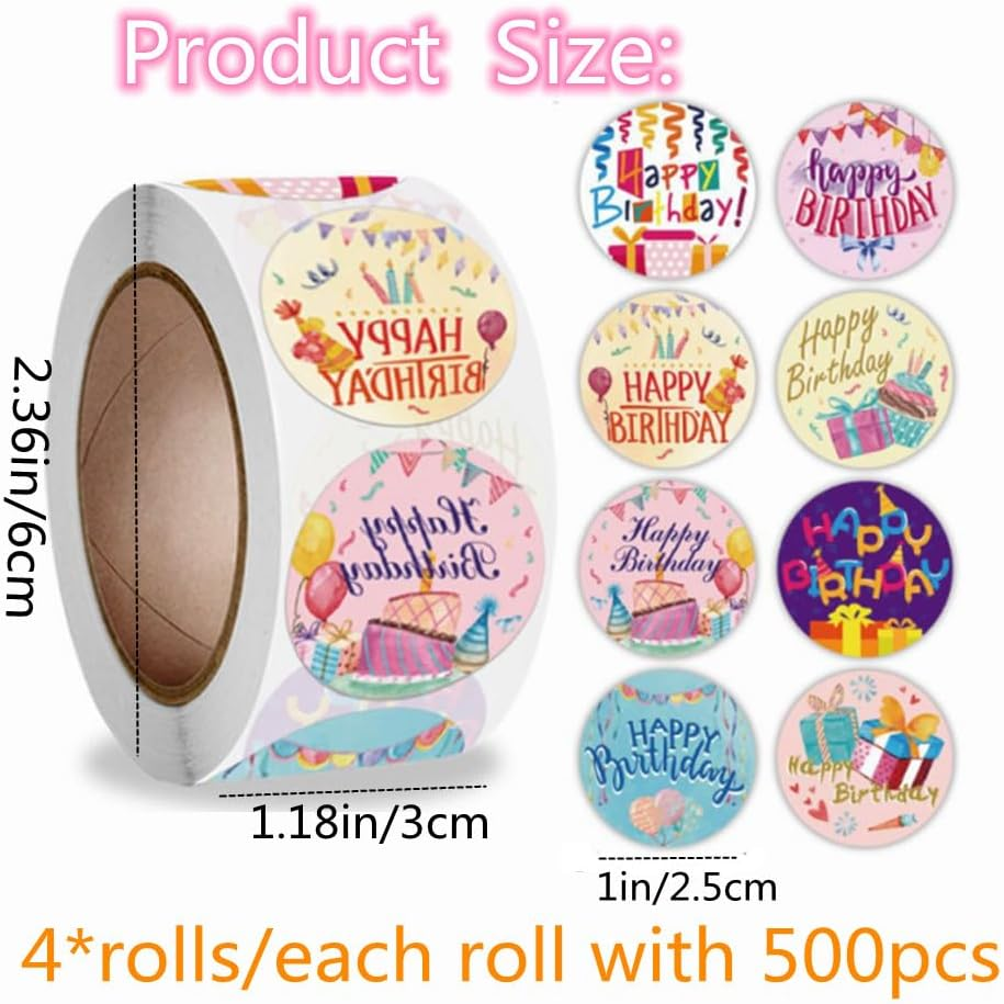 2000PCS Birthday Stickers for Kids, 4 Rolls 1 Inch Happy Birthday Stickers Colorful Kid Birthday Stickers Decoration in 30 Designs, Stickers for Birthday Theme Party Decoration image number 1