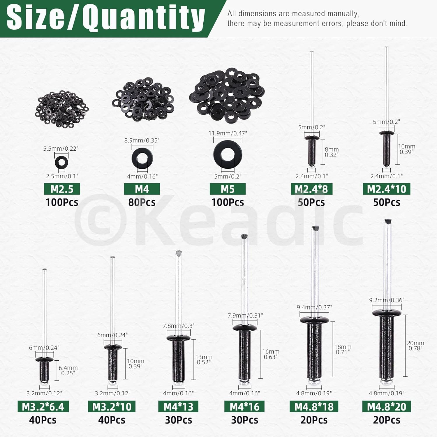 Keadic 560Pcs Pop Rivets Assortment Kit with Backup Washers, M2.4 M3.2 M4 M4.8 8 Sizes Aluminum Blind Rivets for Automotive, Marine, Ships (Black) image number 6