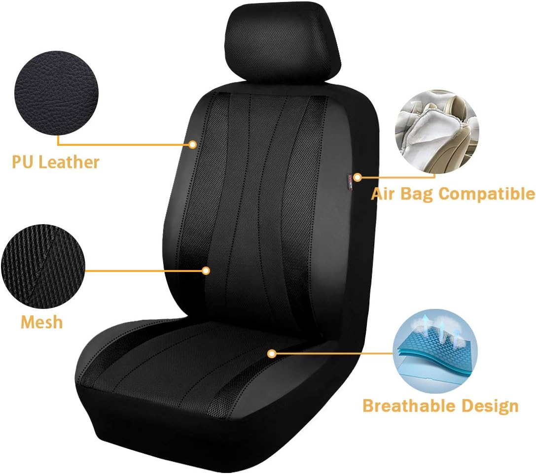 Flying Banner Car Seat Covers Full Set Faux Leather Air Mesh Breathable Man Lady Airbag Compatible Rear Bench Split 40/60 50/50 60/40 Truck Pick up (Full Set - Low Back, Black Black) image number 4