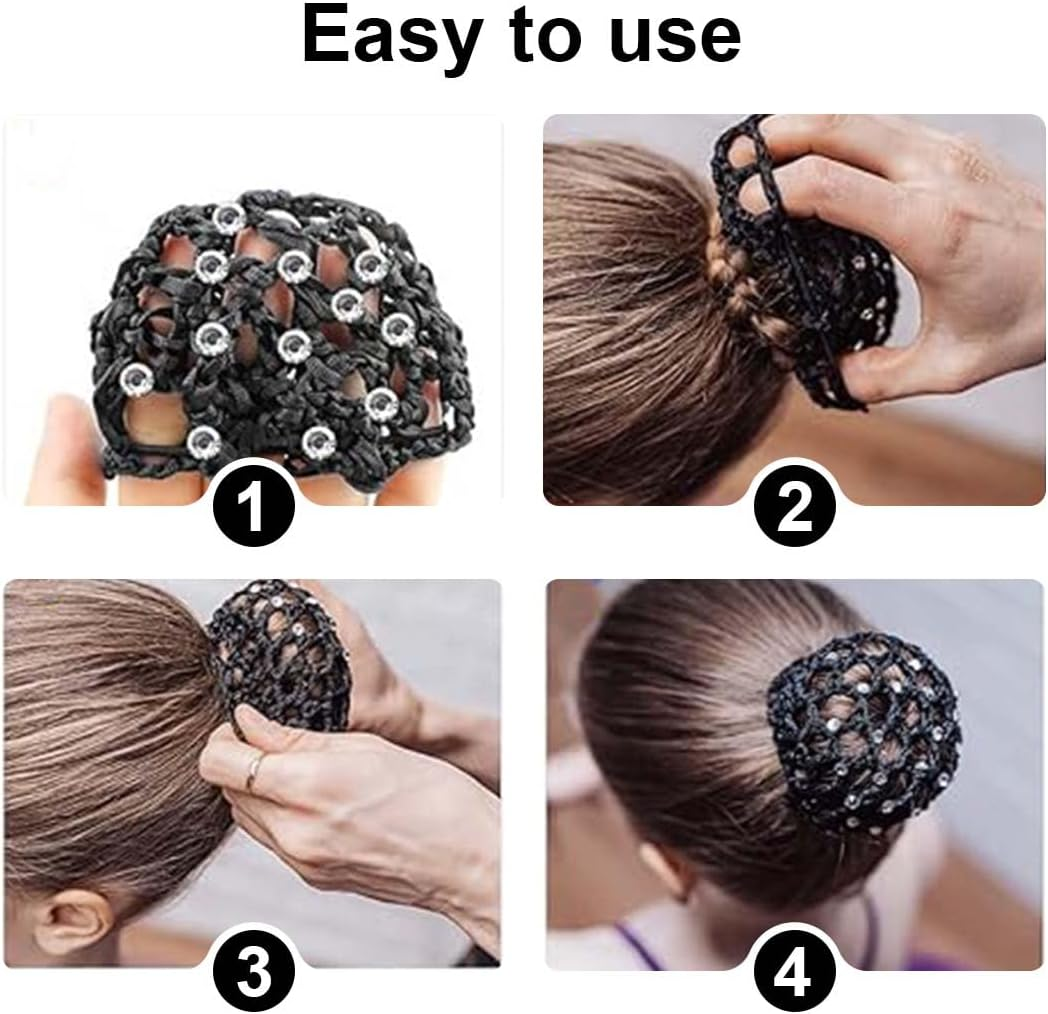 LAKJUOZ Pack of 4 Hair Nets Hairstyles, Bun Net Hair Net, Net for Hair, Hair Nets Hairstyles, Ballet Bun Net, Crystal Hair Net, Ballet Hair Net, Bun Ballet Girls, Bun Glitter, Bun Nets With image number 5