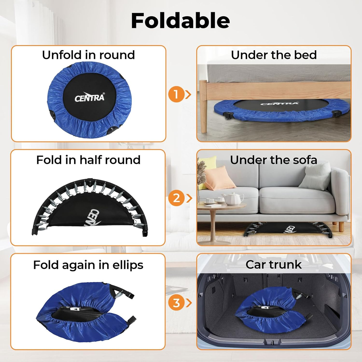 Centra 40" Foldable Mini Trampoline Rebounder,Fitness Trampolines with U Shape Adjustable Foam Handle, Stable Quiet Rebounder, Exercise Trampoline for Adults and Kids Indoor Garden image number 2