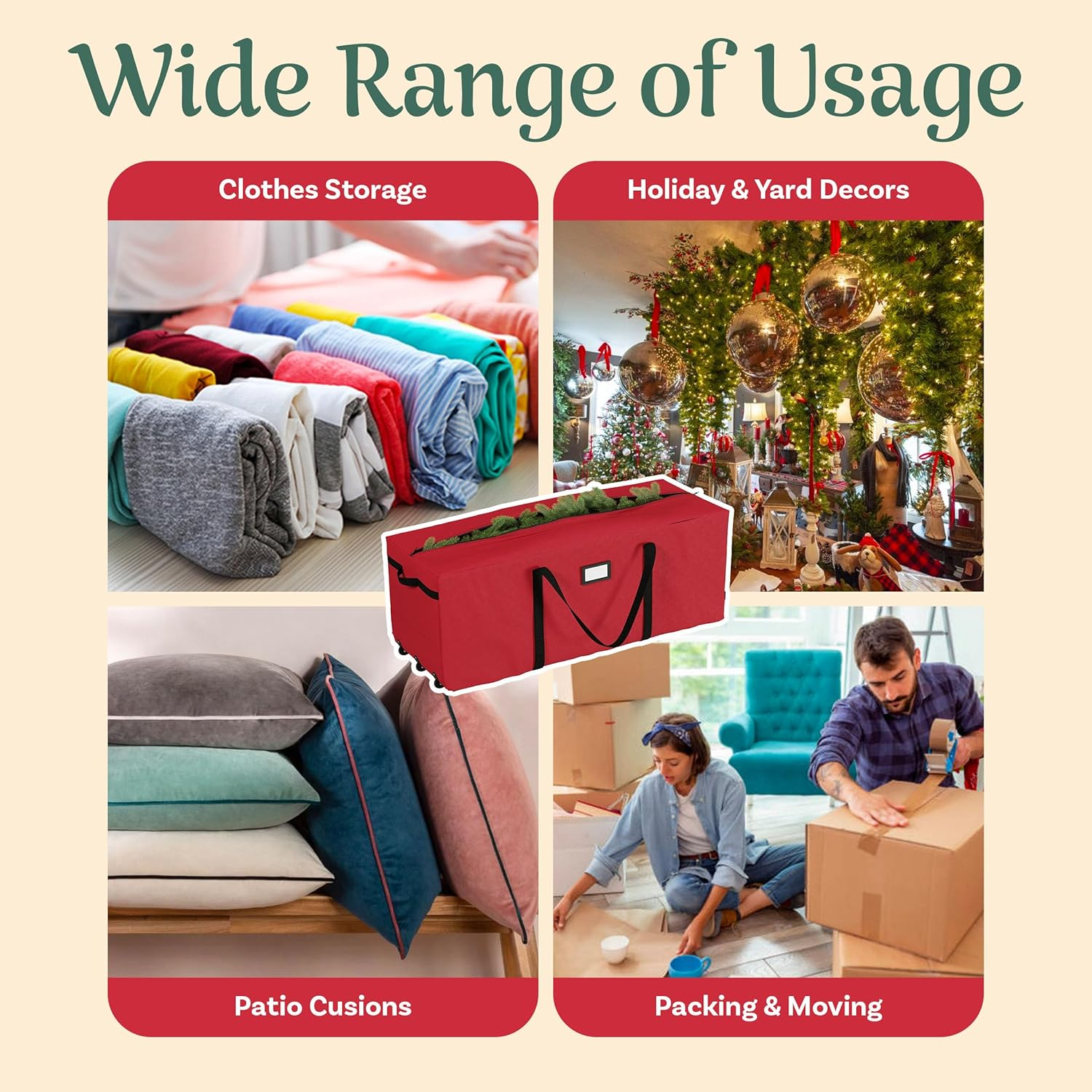 Rolling Christmas Tree Storage Bag- for 12 FT Artificial Trees- Red Canvas Duffel with Wheels-Protects Holiday Decorations & Inflatables by Elf Stor