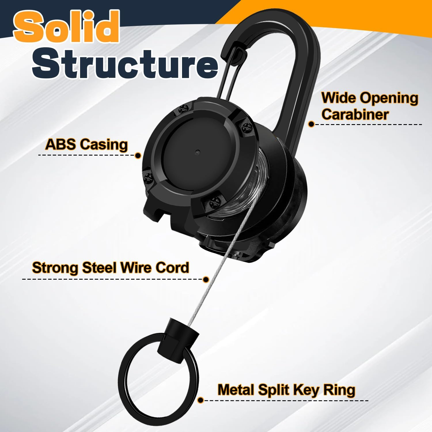 Heavy Duty Retractable Keychain 3 Pack, Retractable ID Badge Holder Reel, Multitool Carabine Key Holder for Keychain, Badge Holder with 23.6" Steel Cord Key Ring Clip, 8.0 Oz (3X Black) image number 6