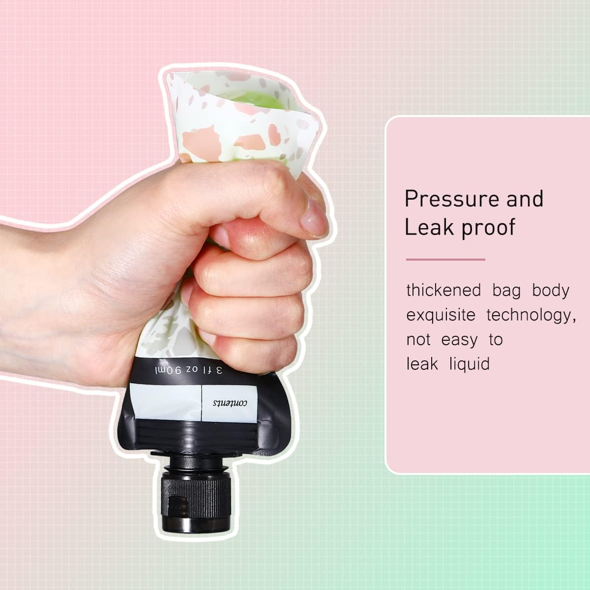 ASEVAT Leak Proof Empty Squeeze Pouches,Refillable Travel Pouches for Toiletries Portable,Travel Fluid Makeup Packing Bag for Lotion Shampoo Face Cream Hand Soap (9 Oz-6 Pack), 6 Pack, 3 Oz, Flap - Black image number 2