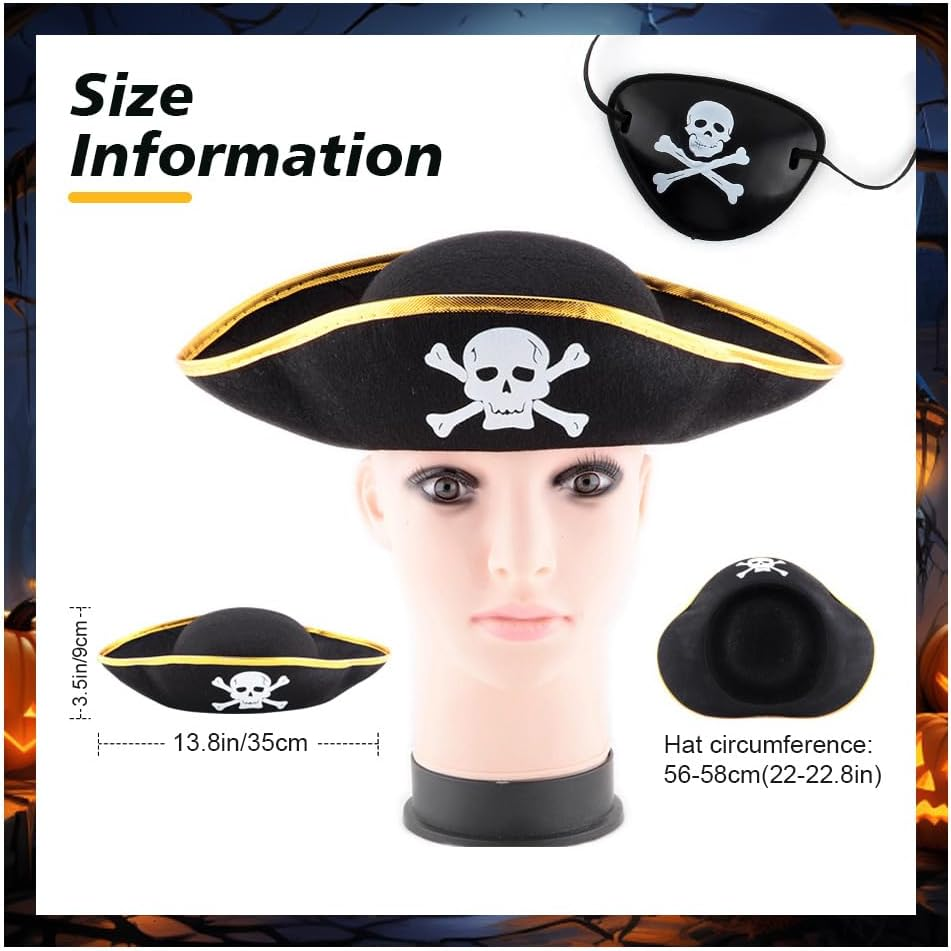Pirate Hat Eye Patch,Costume Accessory for Pirate Masquerade Party, for Kids and Adults Captain Costume image number 4