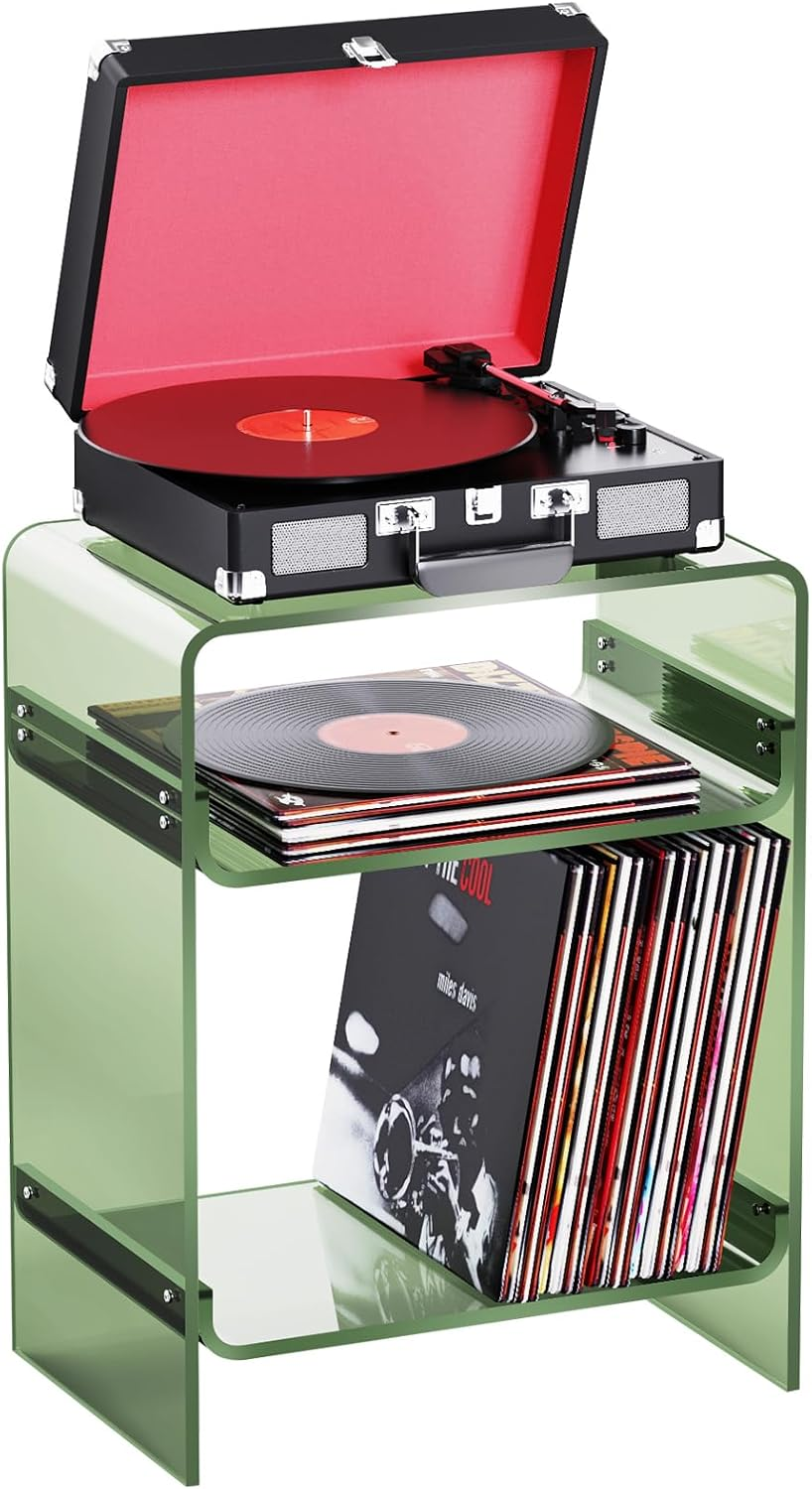 Acrylic Record Player Table with Storage Shelf, Clear Side Table, Nightstand (Green)