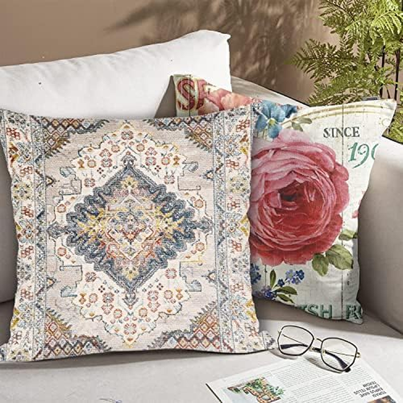 Throw Pillow Cover, Boho Style Ethnic Design Pattern Linen Carpet, Tribal Pattern Throw Pillow Case, Cushion Cover, Home Office Decorative Square 18X18 Inch (2Pcs) (Beige)