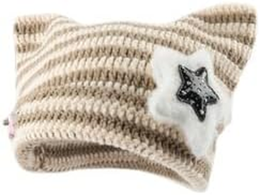 Women Girls Boys Teens Cute CAT Kitty Ears Hats, Winter Warm Knitted Stripe Grunge Accessories Slouchy Headgear