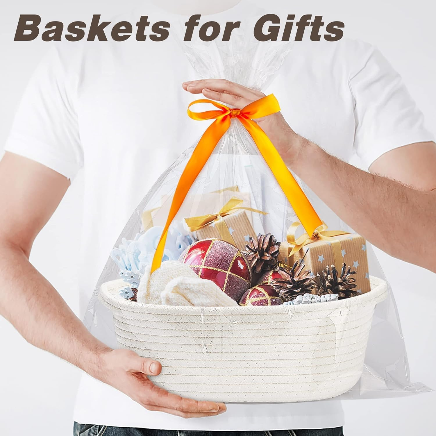 Small Woven Basket with Gift Bags and Ribbons,Diy Basket Gift Set, Empty Small Rope Basket for Storage 12"X 8" X 5" Baby Toy,Durable Baskets for Valentine/Birthday Gifts (White) image number 5
