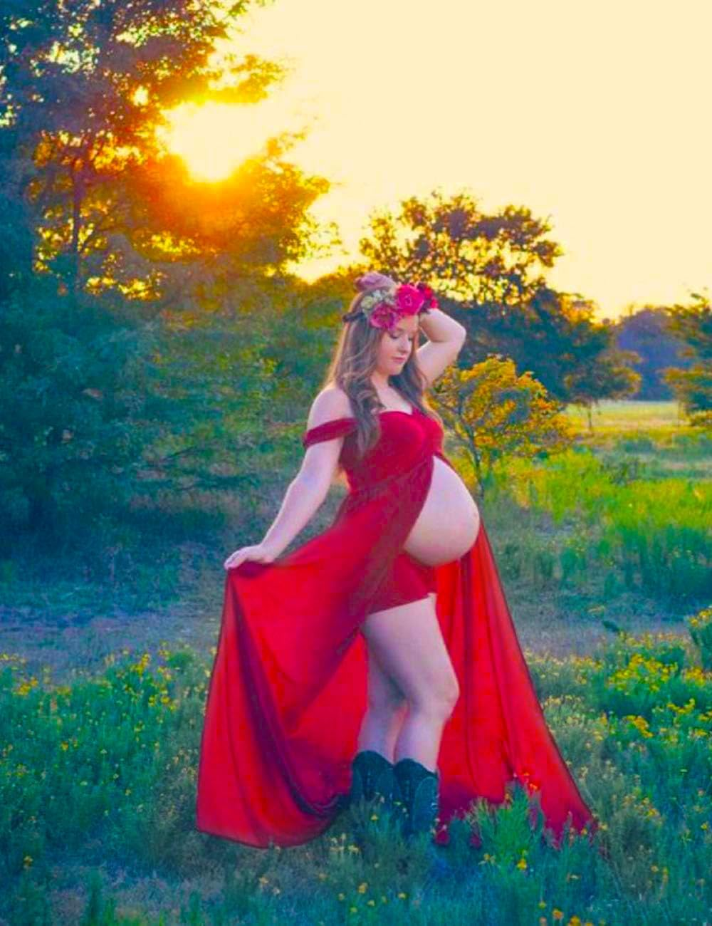 MYKAGS Maternity Dress for Photography off Shoulder Chiffon Gown Split Front Maxi Pregnancy Dresses (Red) image number 5